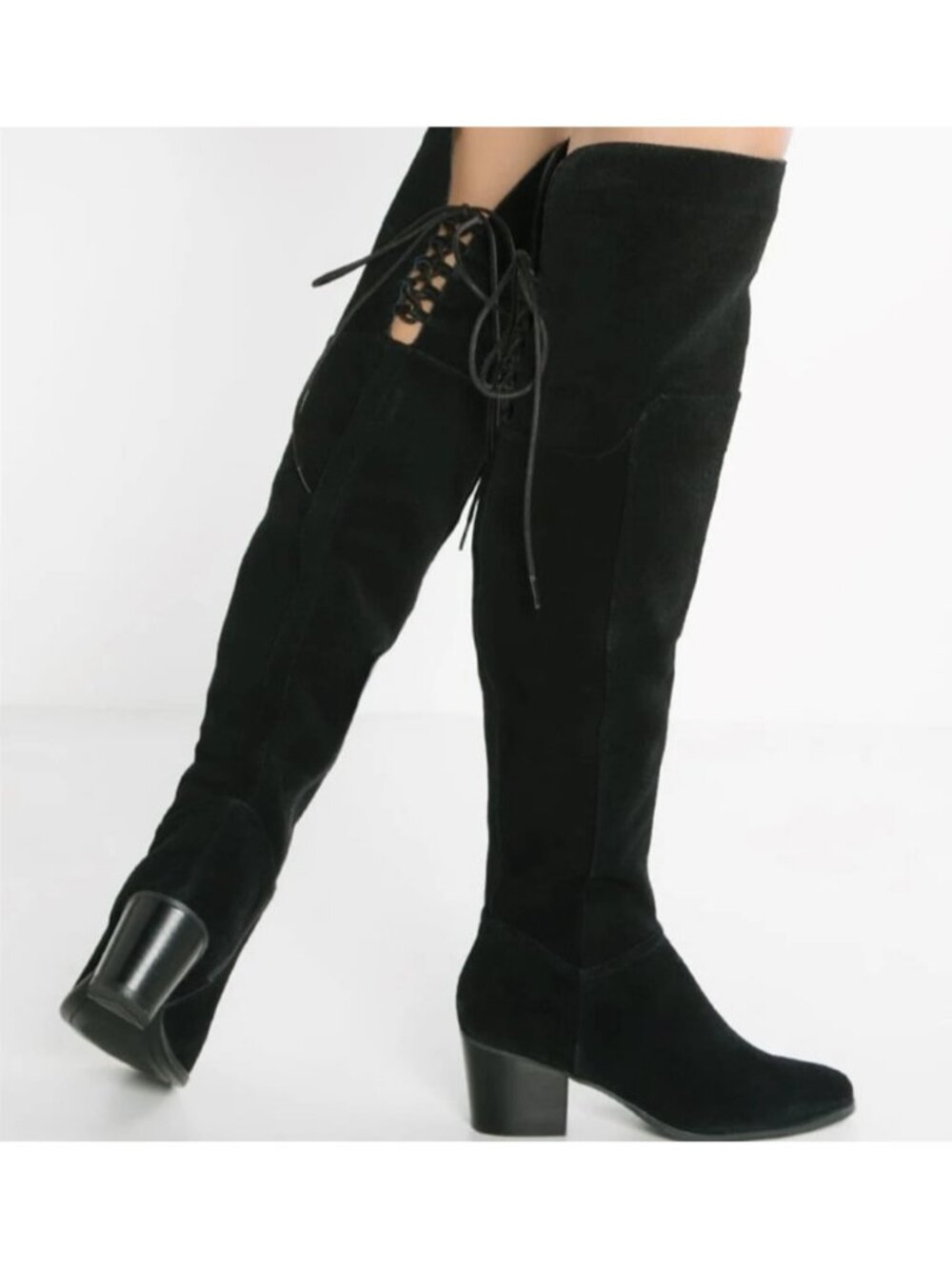 Aldo Jeffres Over the Knee Black Suede Boots Pointed Toe Lace up Back Shoe Wmn 8